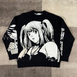 Death Note Anime Manga Graphic Knit Sweater Mens XL Black Crew Neck Long Sleeve